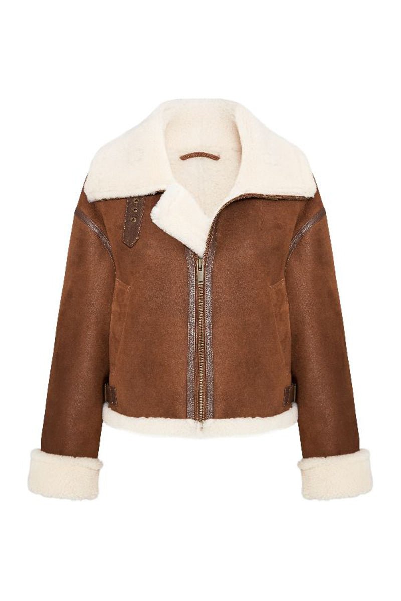 Evelyn Women's Oversize Shearling Sheepskin Jacket - Whisky - Bigardini
