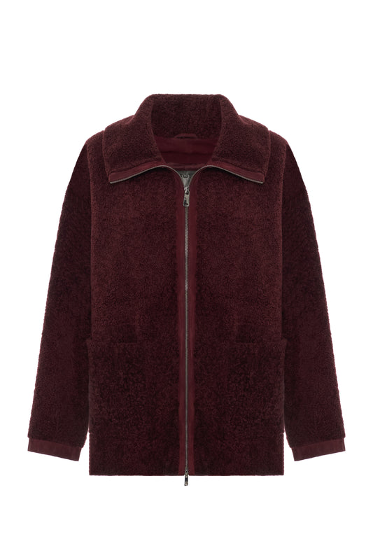Maja Women's Curly Shearling Oversize Jacket - Burgundy