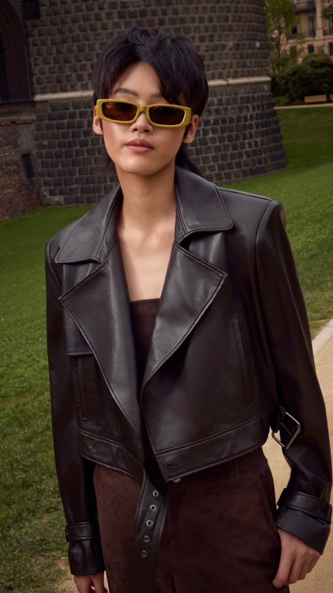 Bella Women's Cropped Lamb Leather Jacket - Dark Chocolate - Bigardini