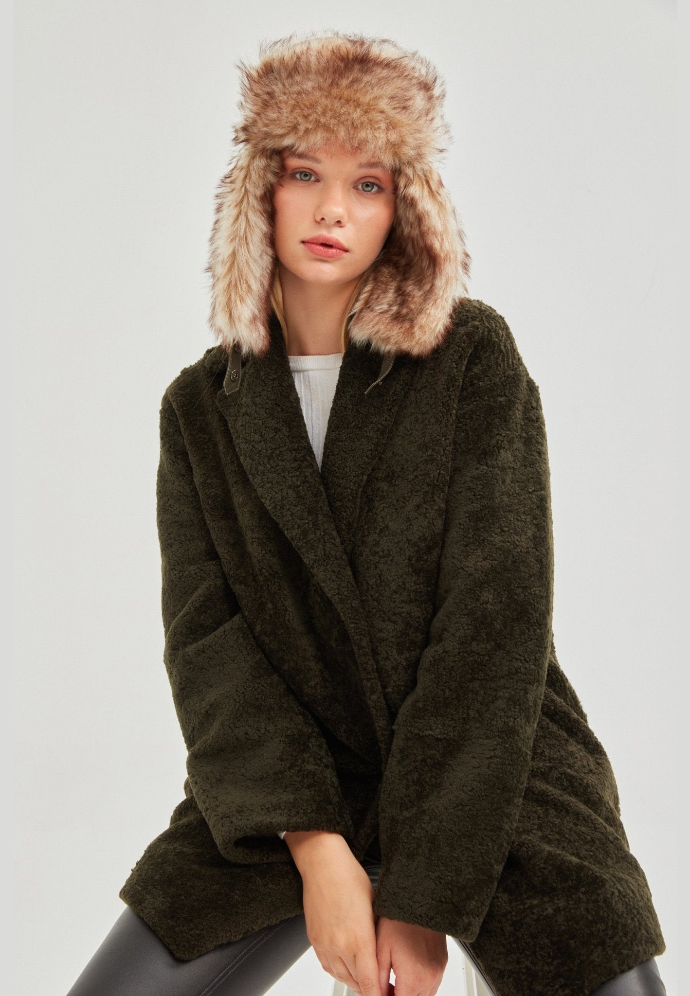 Everest Unisex Shearling Trapper Winter Hat - Olive - Bigardini Leather