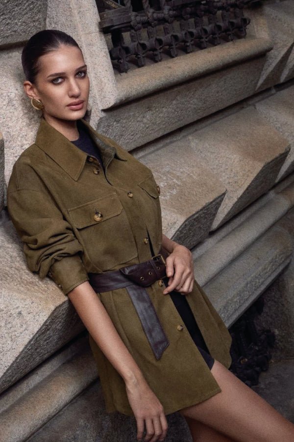 Gia Women's Belted Suede Oversize Shirt - Khaki - Bigardini