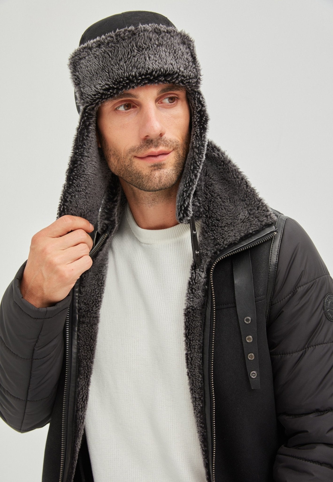 Logan Unisex Shearling Aviator Winter Hat - Black - Bigardini Leather