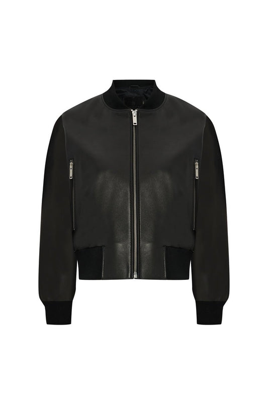 Riki Women's Cropped Bomber Leather Jacket - Black - Bigardini