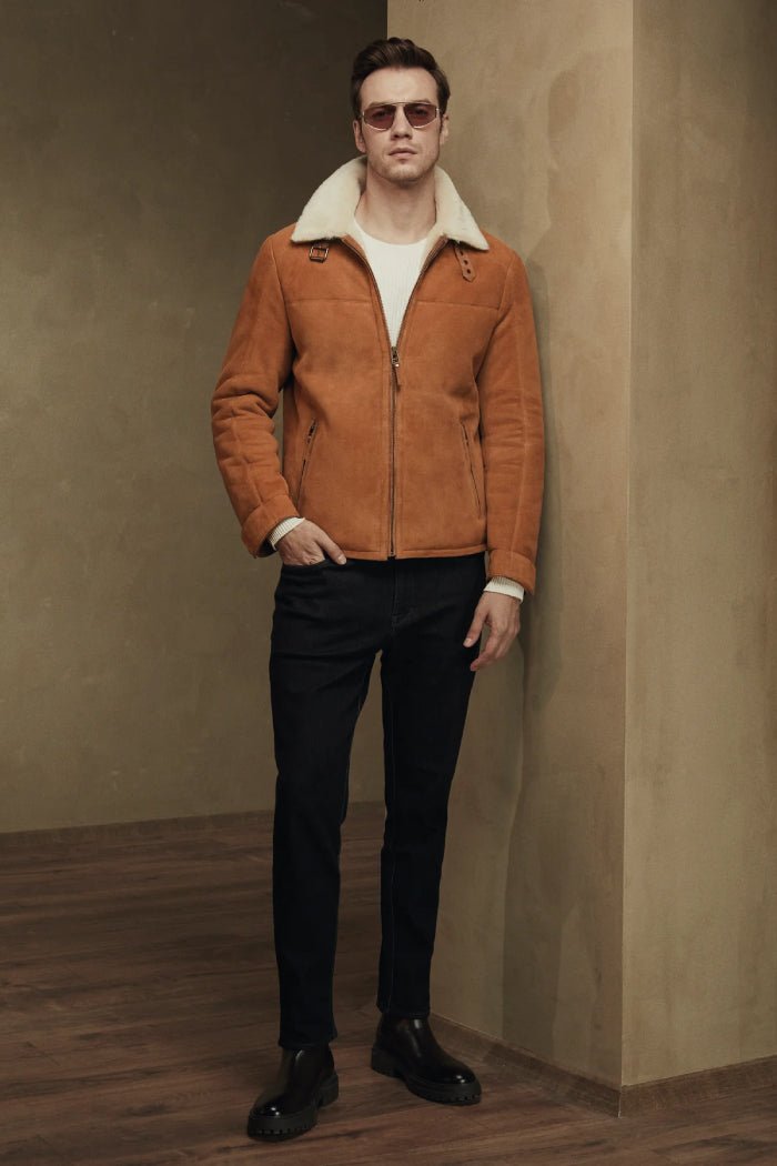 Ryan Men's Shearling Sheepskin Bomber Jacket - Mustard - Bigardini