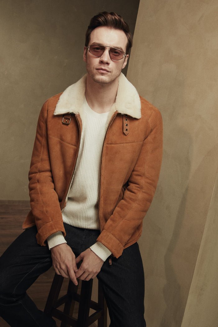 Ryan Men's Shearling Sheepskin Bomber Jacket - Mustard - Bigardini