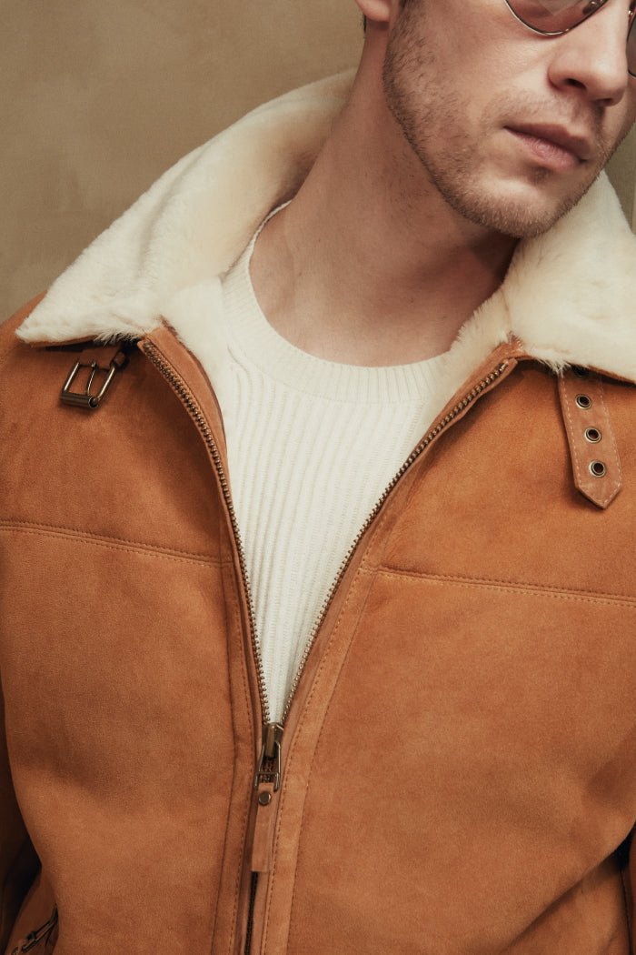 Ryan Men's Shearling Sheepskin Bomber Jacket - Mustard - Bigardini