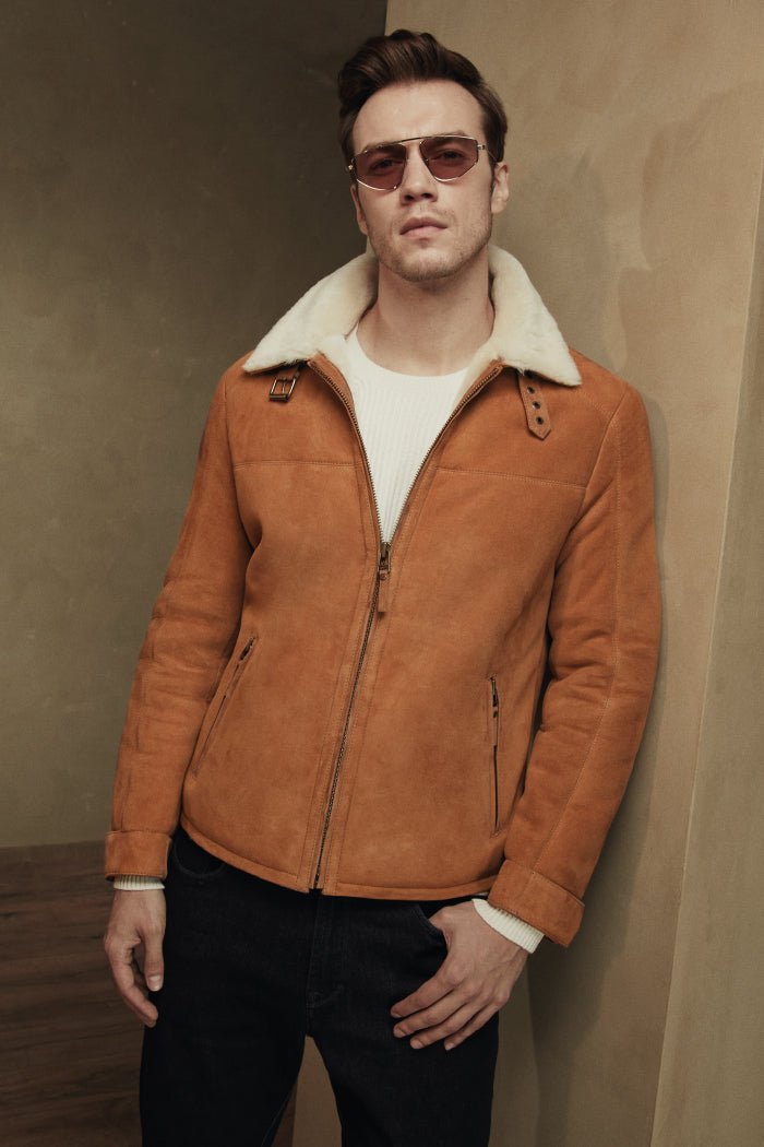 Ryan Men's Shearling Sheepskin Bomber Jacket - Mustard - Bigardini