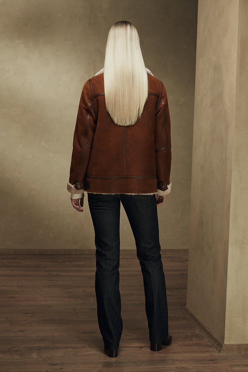 Selena Women's Shearling Sheepskin Bomber Jacket - Whisky - Bigardini